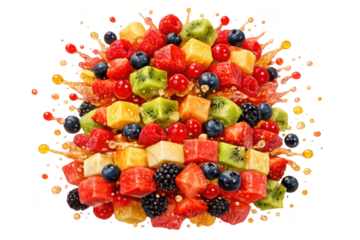 Cubed mixed fruits with juice on a transparent background creation.