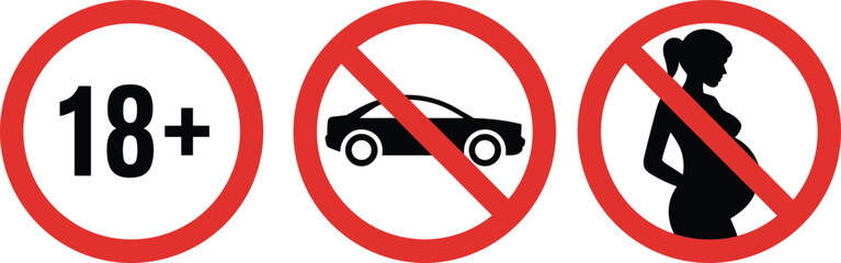 Set of alcohol restriction warning icons featuring eighteen plus age limit, no drinking while driving, and no alcohol during pregnancy,