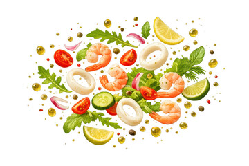 Delicious Shrimp and Calamari Salad with transparent background image.