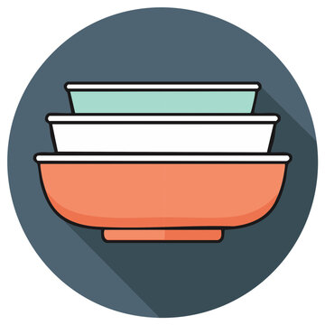 Stack of nesting bowls in flat design with long shadow and circular background