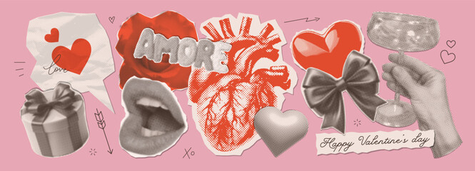 Vintage paper Collage elements for Valentine's Day with halftone effect. Trendy vintage cut out stickers for card, banner. Mouth, hand, hearts and gift box. Funny retro zine vector design.