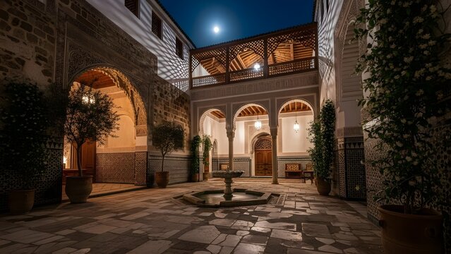 A serene nighttime courtyard with a fountain and balcony