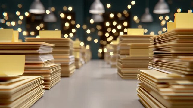 Stacks of organized file folders on a table with yellow tabs and varying sizes, showcasing a gradual transition of paper arrangements in a well-lit workspace with decorative bokeh lights