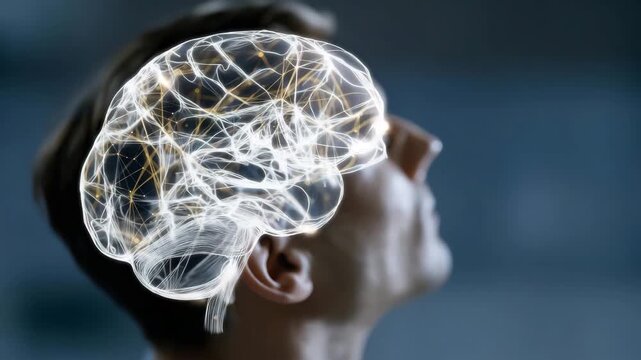 A human brain silhouette double-exposed with neural networks and light particles, illustrating artificial intelligence, machine learning, and cognitive technology innovation. cinematic color