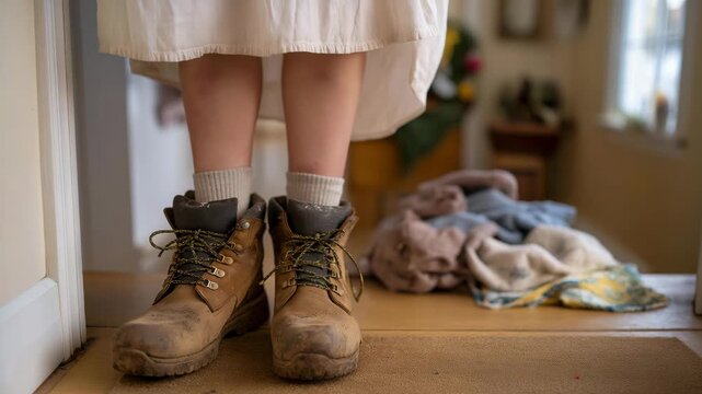 A homeowner decluttering the entryway by removing holiday wreaths and storing muddy snow boots, wiping down surfaces for a neat start to winter living. cinematic color correction, natural uneven