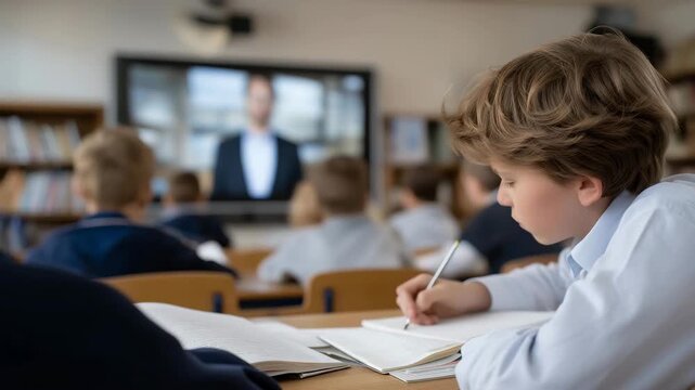 A hybrid classroom where students write in notebooks while an interactive smartboard streams a remote guest lecturer live from another country &mdash; global education access, smart learning spaces, and
