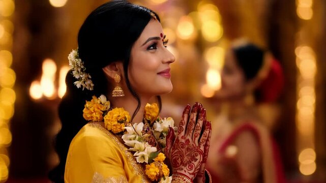 Indian bride praying with flower garland in hair