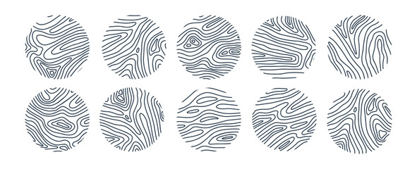 Set of abstract line art designs featuring tree wood textures. Linear hand drawn vector illustration.