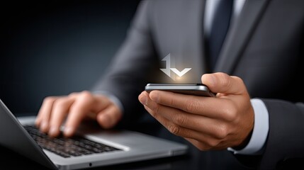 Businessman works at home office using laptop to check financial data while holding globe and accessing social media on mobile phone