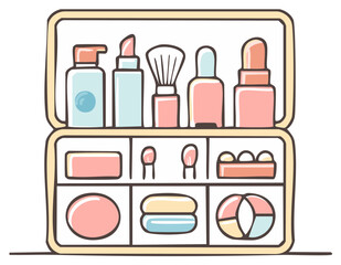 Open cosmetic organizer filled with hand drawn beauty products and makeup essentials