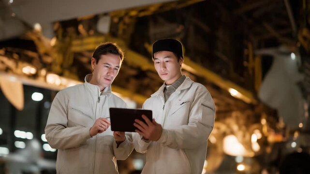 Aviation maintenance units inspecting aircraft components inside a hangar, technicians using handheld scanners to log every bolt, panel, and sensor &mdash; aerospace safety, precision engineering, and