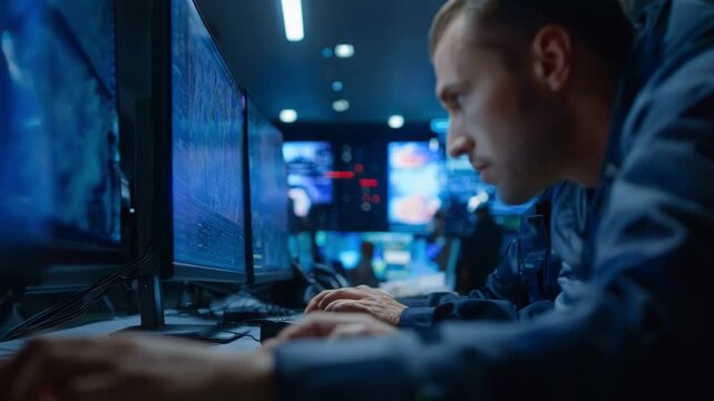 Medium shot showing cybersecurity experts ensuring robust encryption protocols on secure disasterresilient paging systems to protect sensitive emergency alerts