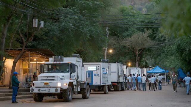Mobile power units delivering temporary electricity to a blackout-hit neighborhood, cables snaking from humming generators as residents gather with relief &mdash; energy restoration, infrastructure