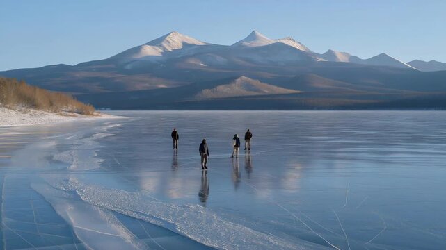 Scientists drilling core samples from a frozen lake to study winter sediment layers, capturing the quiet precision of cold-weather environmental research. cinematic color correction, natural uneven