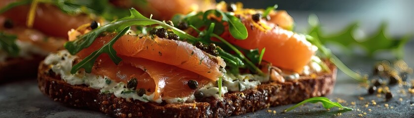 Appetizing salmon toast with fresh arugula, a culinary delight. The toast, topped with slices of flavorful salmon and fresh arugula leaves, presents an appealing combination of flavors and textures