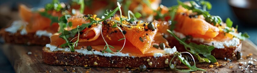 Deliciously prepared salmon toast decorated with herbs