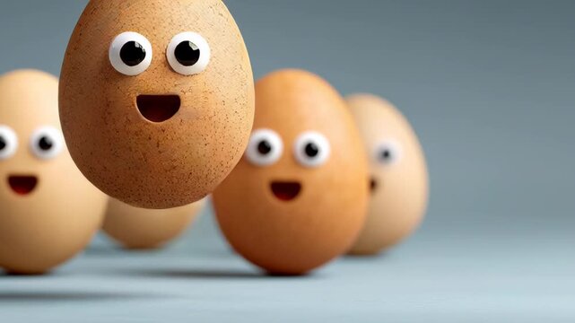 Playful animated eggs with googly eyes express joy and excitement while bouncing in a sequence, showcasing dynamic movement and cheerful expressions in a whimsical setting