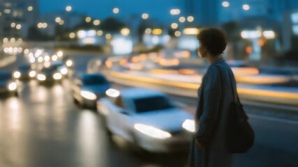 A commuter silhouette double-exposed with traffic heatmaps and flowing light trails, visualizing urban mobility, congestion, and smart transport systems. cinematic color correction, natural uneven