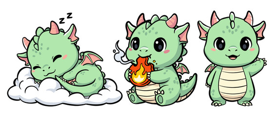 Obraz premium сute baby dragon character in different poses: sleeping, eating fire shape cookie, and waving hello, cartoon mascot illustration set