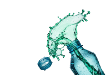 Dynamic emerald green water erupts from a translucent blue bottle, shimmering droplets suspended against transparent background, copy space, studio lit. Refreshment, purity, hydration concept
