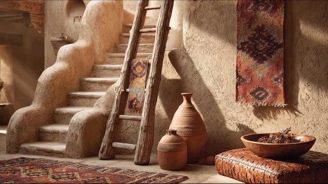 Rustic interior with a curved staircase, wooden ladder, pottery, and patterned rugs