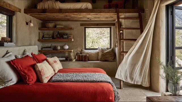 Cozy rustic bedroom with loft bed, red bedding, ladder, and outdoor views