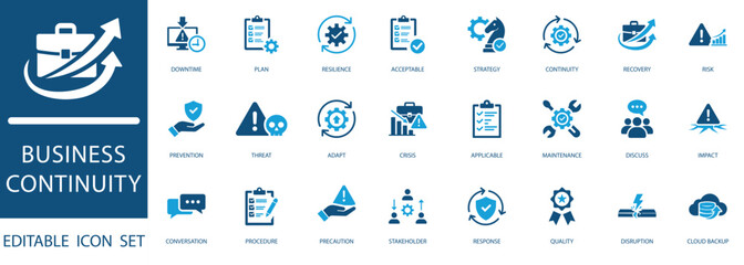 Obraz premium Business Continuity Icon Set. vector icons for resilience, disaster recovery, crisis management, threat prevention, strategy, and corporate stability.