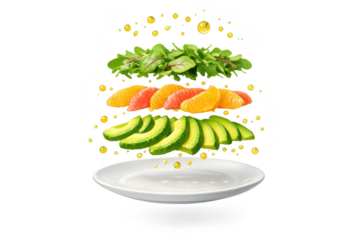 Floating salad with greens and fruit, transparent background scene.
