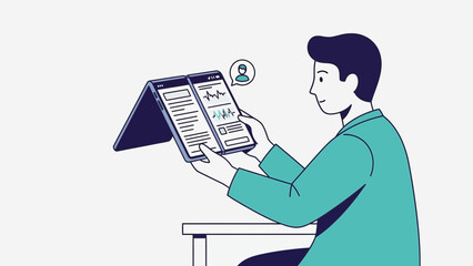 Businessman analyzing data on a tablet in a modern workspace setting