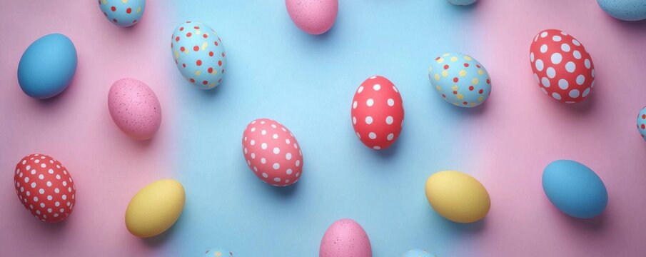Colorful eggs spread across a soft blue and pink banner, ready for an Easter hunt or spring celebration activity 