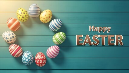 Easter egg wreath on teal wooden background with happy easter greeting