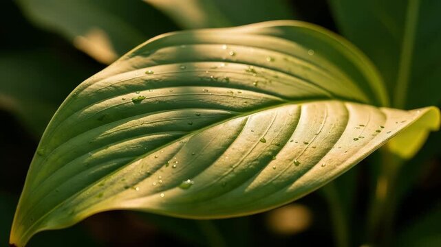 Closeup of a single green leaf with water droplets nature background vibrant plant life