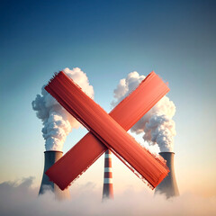 Cross mark over factory chimneys symbolizing emission reduction