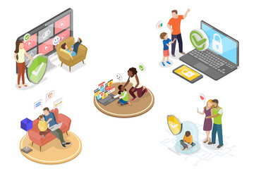 Naklejka premium 3D Isometric Flat Illustration of Internet Cyber Safety, Parental Control