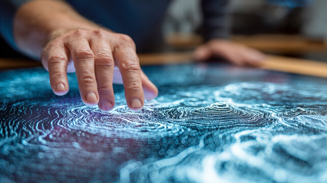 Hand exploring glowing topographic map on digital interactive table with depth and futuristic visualization technology concepts - Powered by Adobe