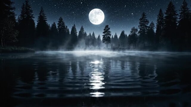 Full moon reflecting on calm lake in misty forest at night, blue and black tones, dreamy nightscape