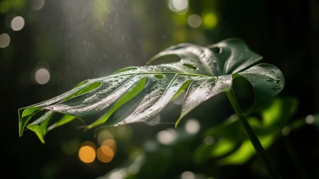 Closeup of green leaf with water droplets in nature vibrant and fresh foliage
