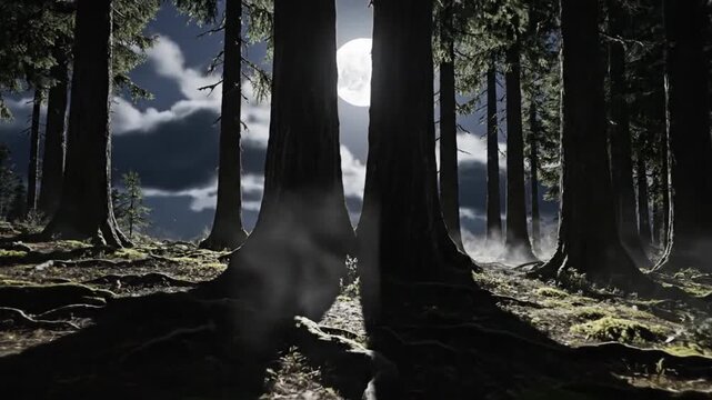 Moon casting light through dense forest with mist on the ground, dramatic night scene in blue and black tones