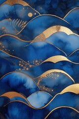 Abstract blue waves with golden lines and textured watercolor surface forming elegant flowing background for modern artistic design