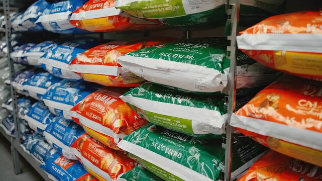 Stacked bags of fertilizer in a greenhouse, showcasing agricultural supplies and gardening essentials for plant growth and cultivation.