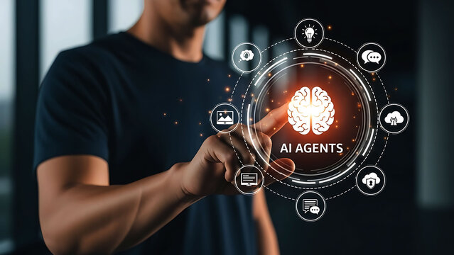 Businessman Interacting with AI Agents Digital Interface and Fingerprint - Powered by Adobe