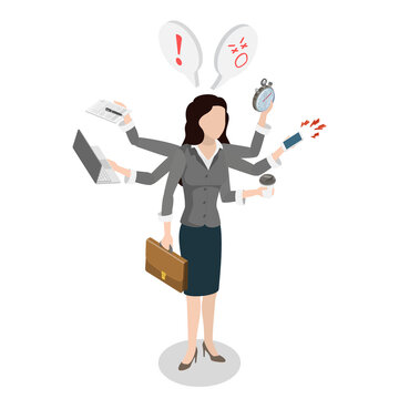 3D Isometric Flat  Illustration of Too Much Stress, Multitasking Woman Juggling Tasks