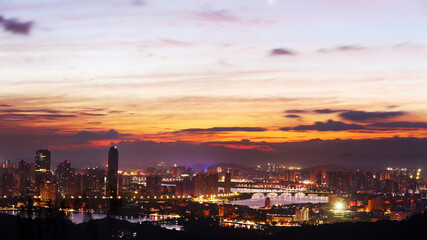 Naklejka premium Huizhou City Skyline at Sunset, Guangdong Prefecture, China
