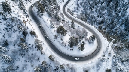 Winding road through snowy mountains with vehicles and evergreen trees in a serene winter landscape