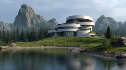 Modern circular building in a mountain landscape with lake, pine trees, and grass under soft morning light.