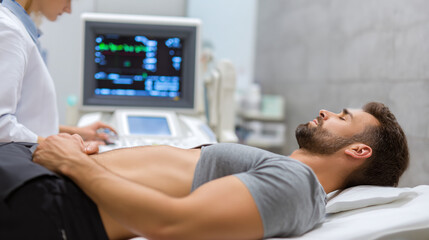 Fototapeta premium Patient undergoes ultrasound examination, doctor operating machine. Medical professional uses sonography to assess health, lying down on the table.