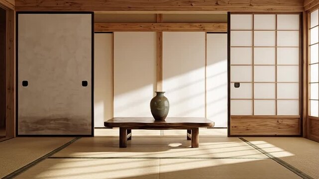 Peaceful Japanese Interior Architecture Room with Tatami Floor Sliding Shoji Screens Low Wood Table and Ceramic Vase Tranquil Zen Design Aesthetic