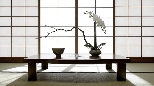 Serene Japanese Interior Design Ikebana Art White Phalaenopsis Orchid Low Wood Table Tatami Floor Diffused Light Wabi Sabi Aesthetic