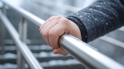 Obraz premium A gloveless hand gripping a cold, silver metal railing on a snowy day, offering support and stability while navigating icy steps outdoors.