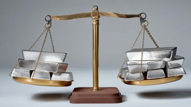 Silver ingots being weighed on a traditional balance scale showcasing the gradual shift in weight distribution and visual symmetry between both sides of the scale in a detailed close-up view